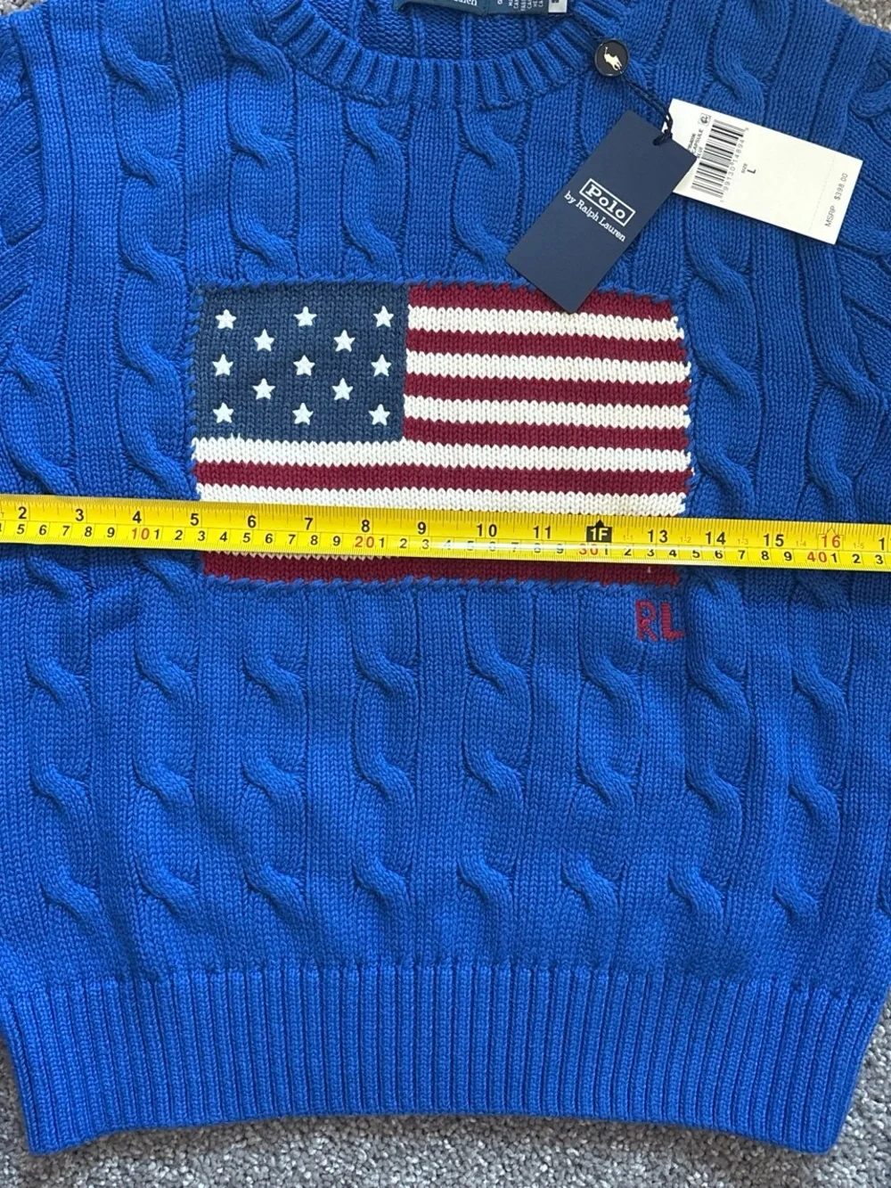 NWT Polo Ralph Lauren Blue Cable-Knit American Flag Cropped Sweater L - Picture 3 of 4